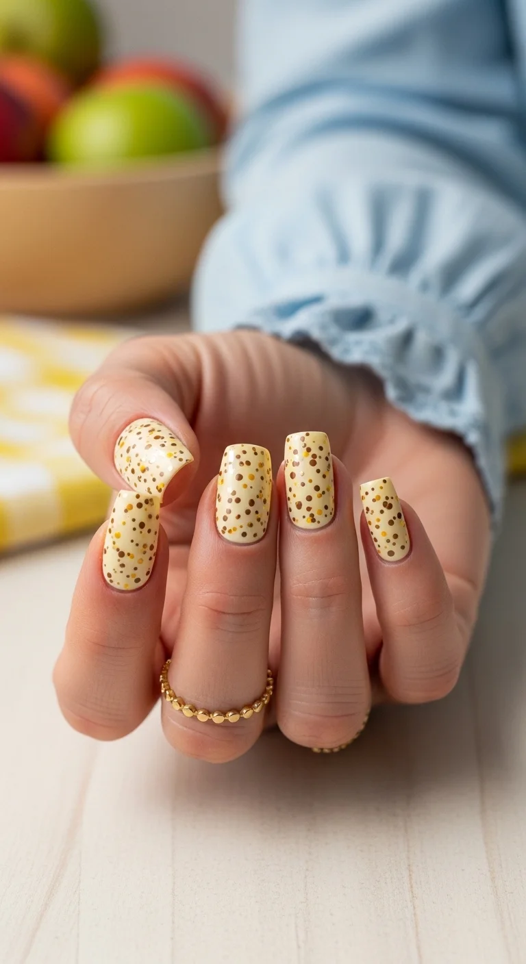Pale yellow nails with gold and brown glitter dots