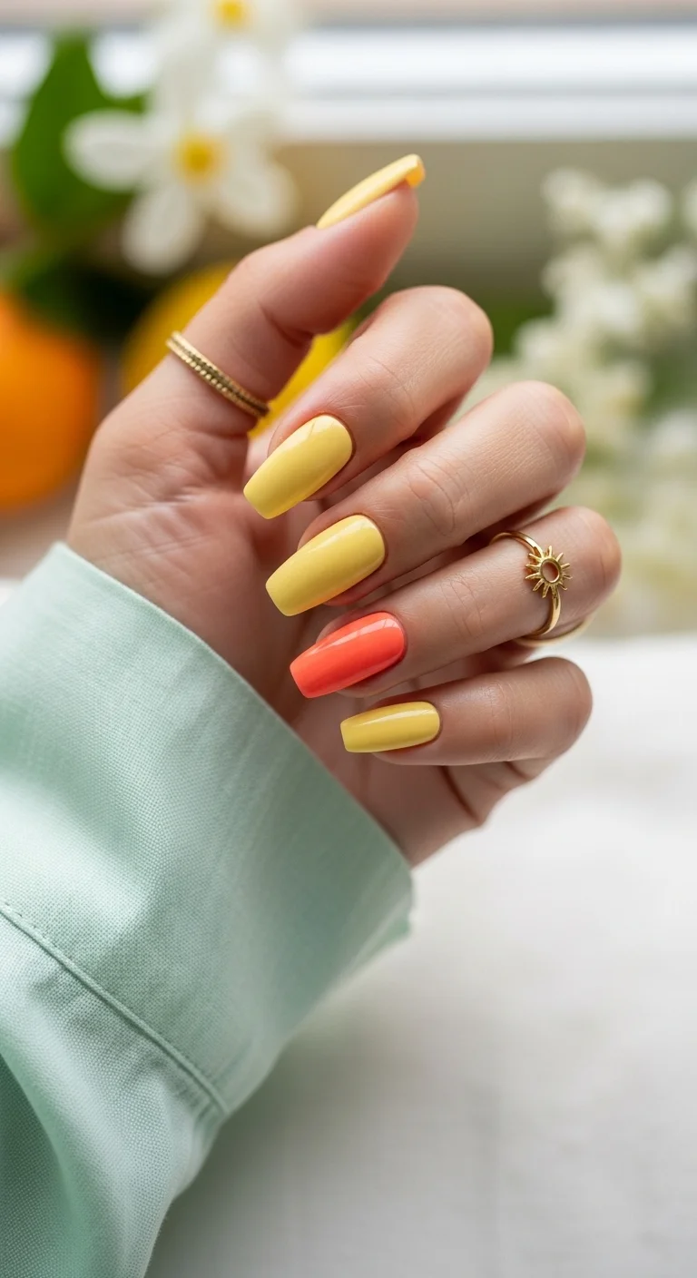 Yellow nails with one neon orange accent nail