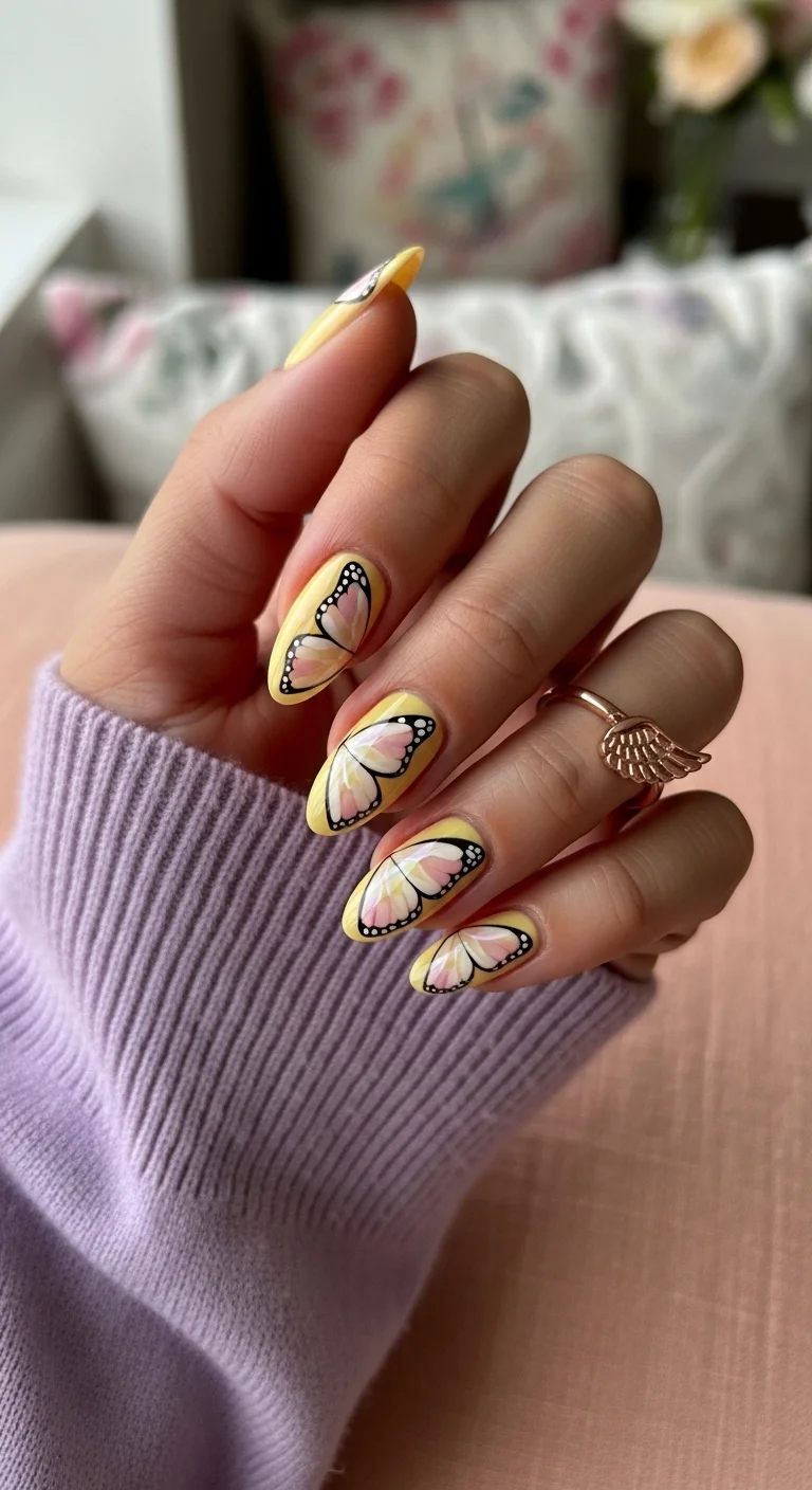 Yellow nails with butterfly wing art