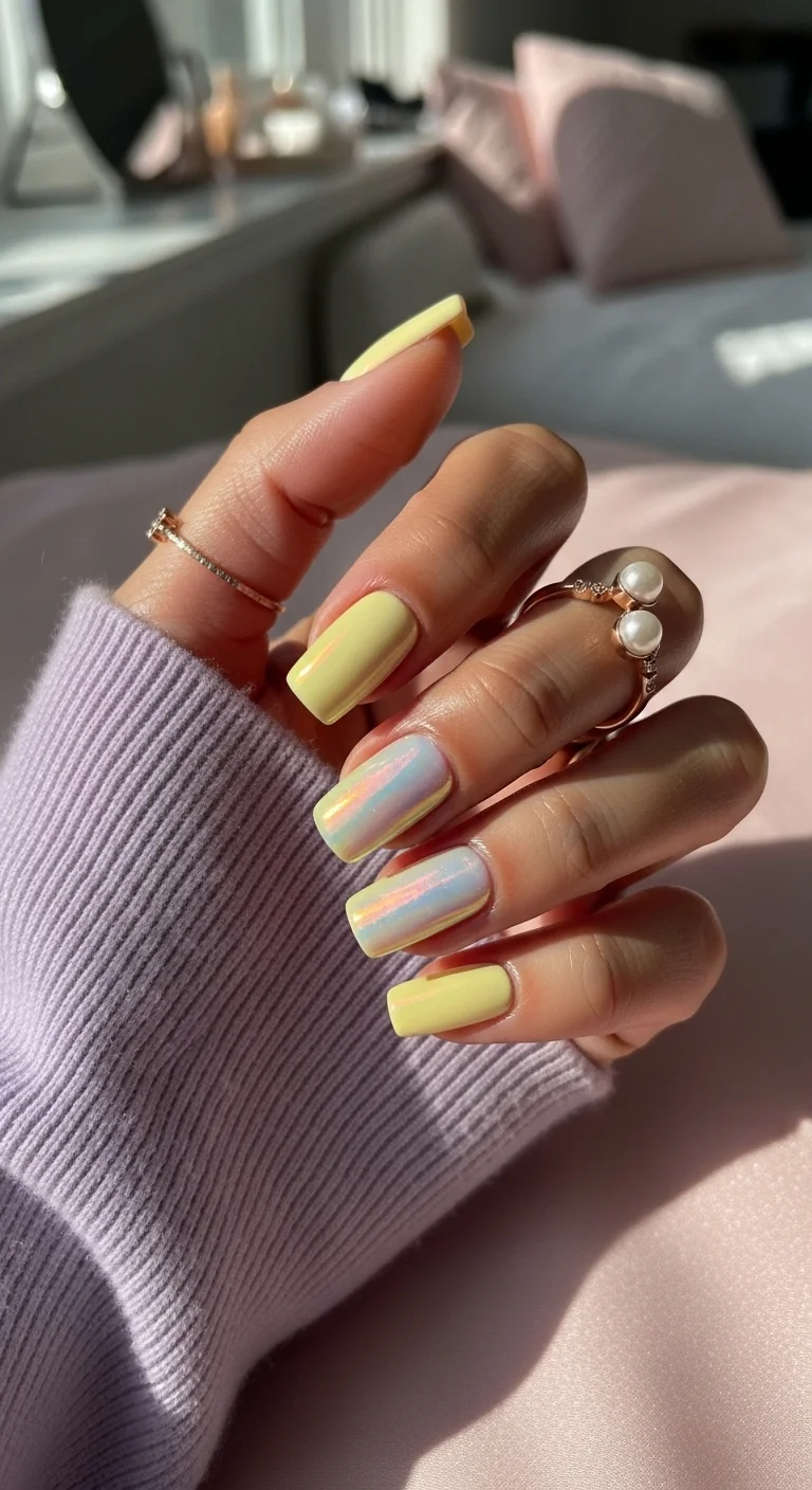 Yellow nails with iridescent chrome finish