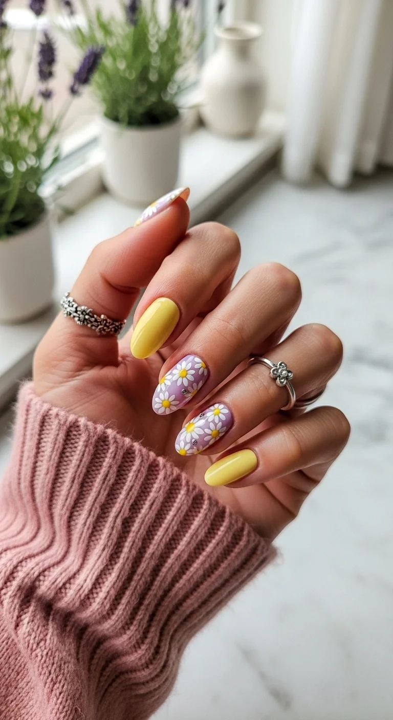Yellow nails with purple daisy accent nails