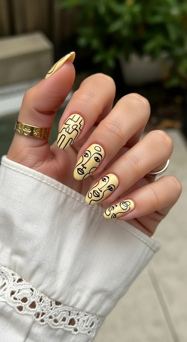 Yellow nails with black abstract face line art