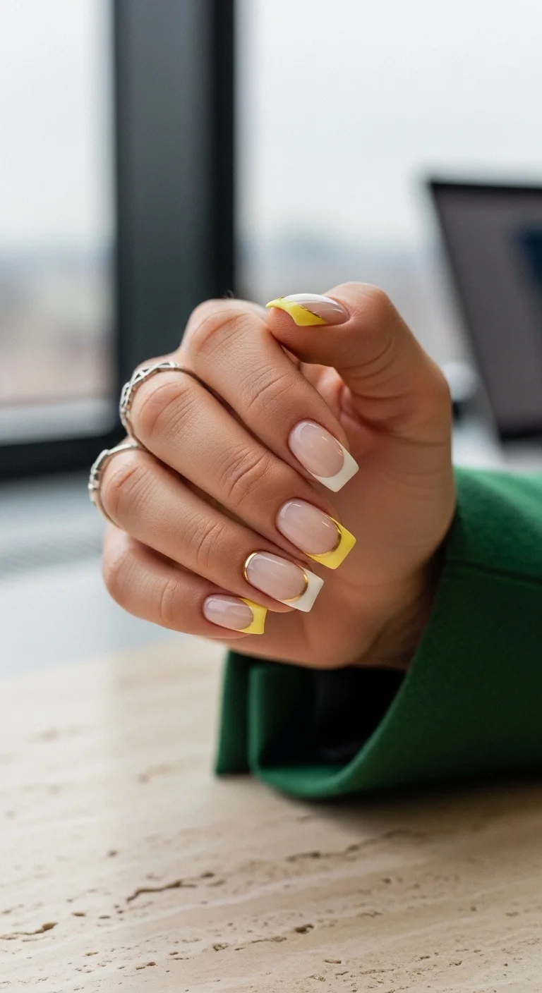 French tips with gold, yellow, and white color blocking
