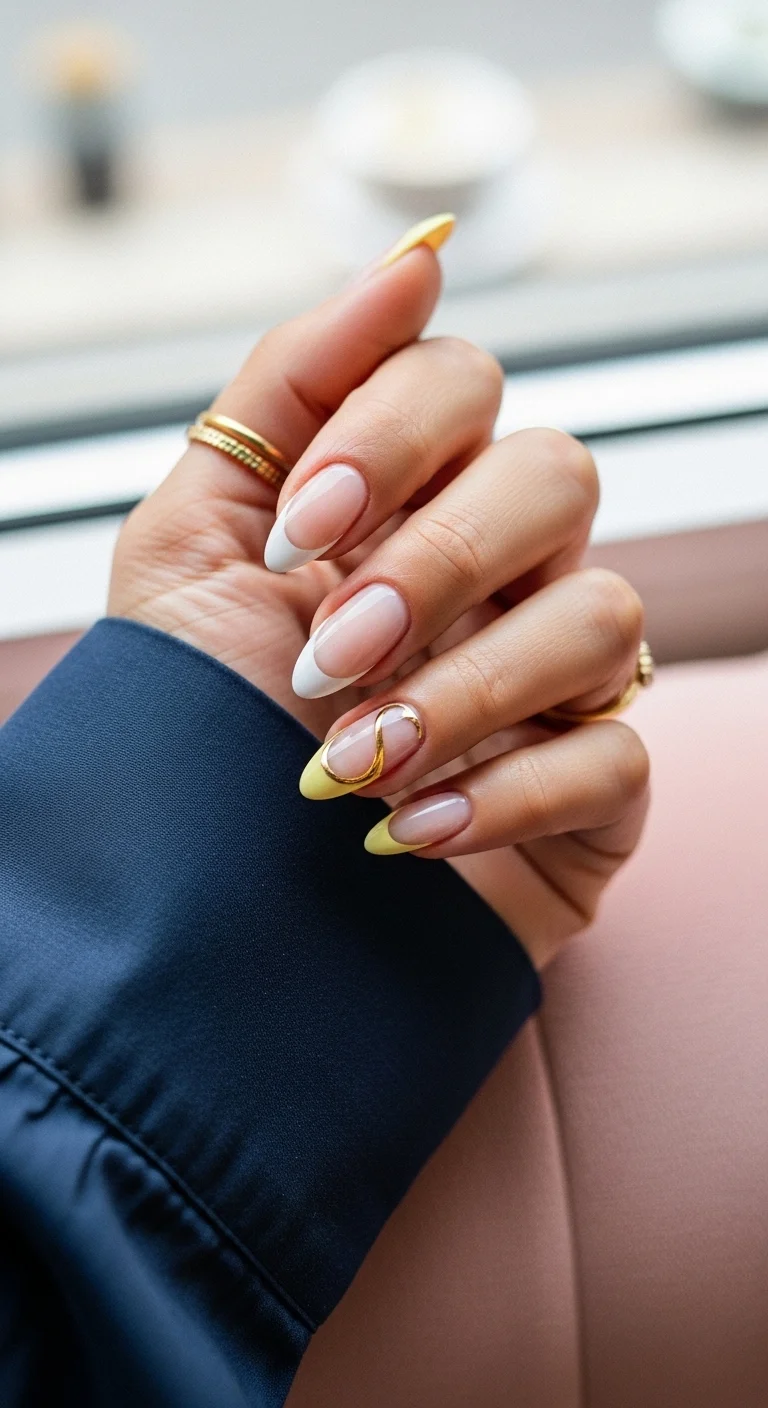 Yellow and white french tips with gold swirl detail