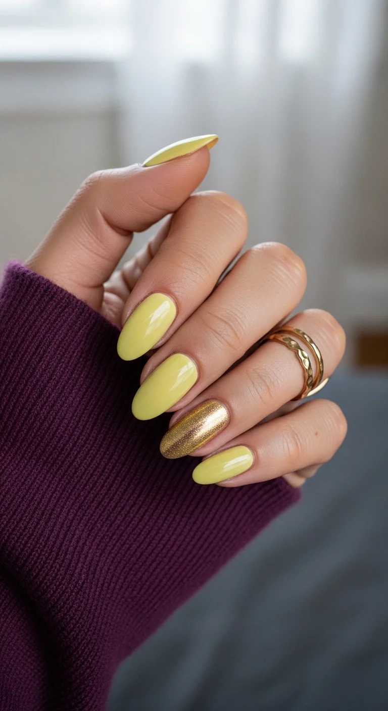 Yellow nails with one gold foil accent nail