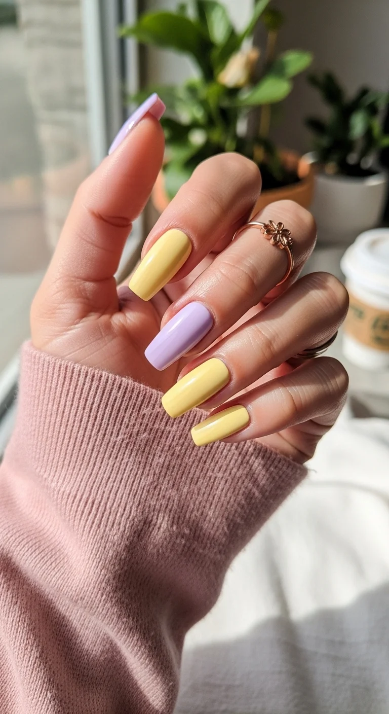 Alternating yellow and lavender solid nails
