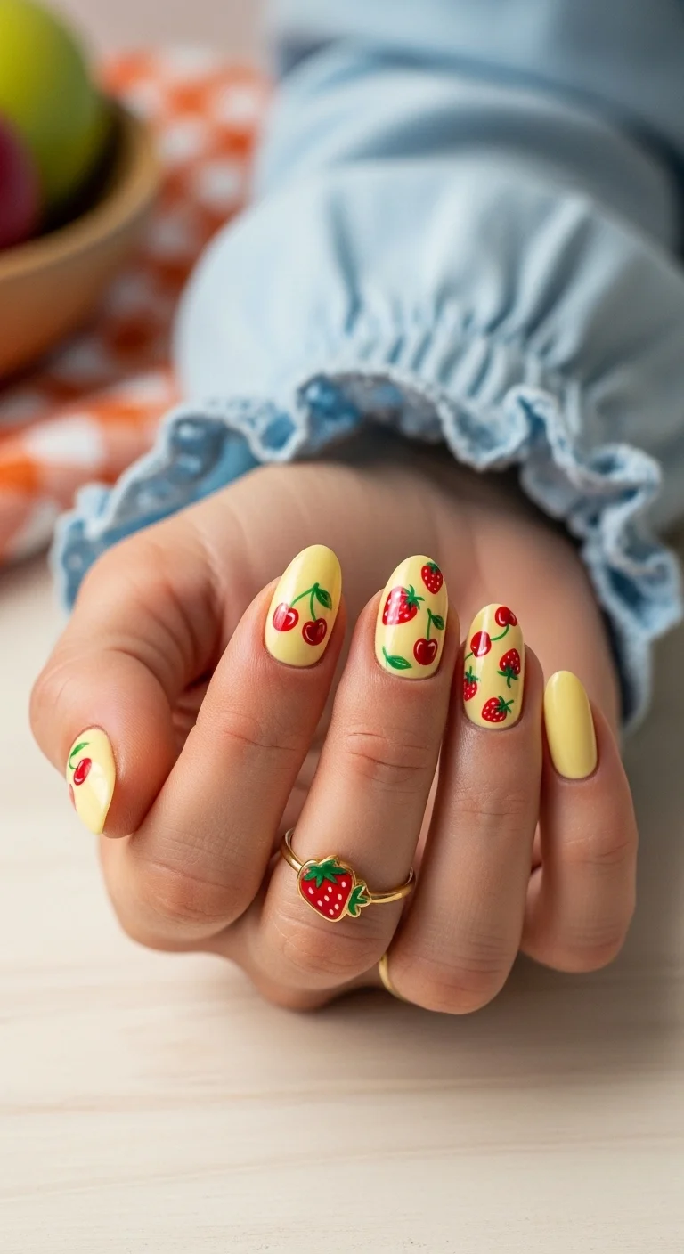 Yellow nails with cherry and strawberry fruit art