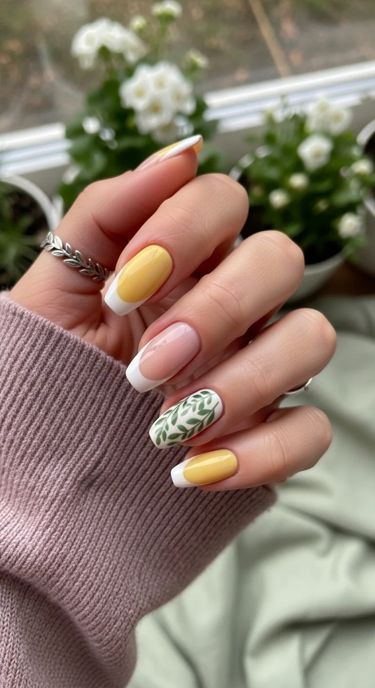 White french tips with yellow base and leafy accent nail