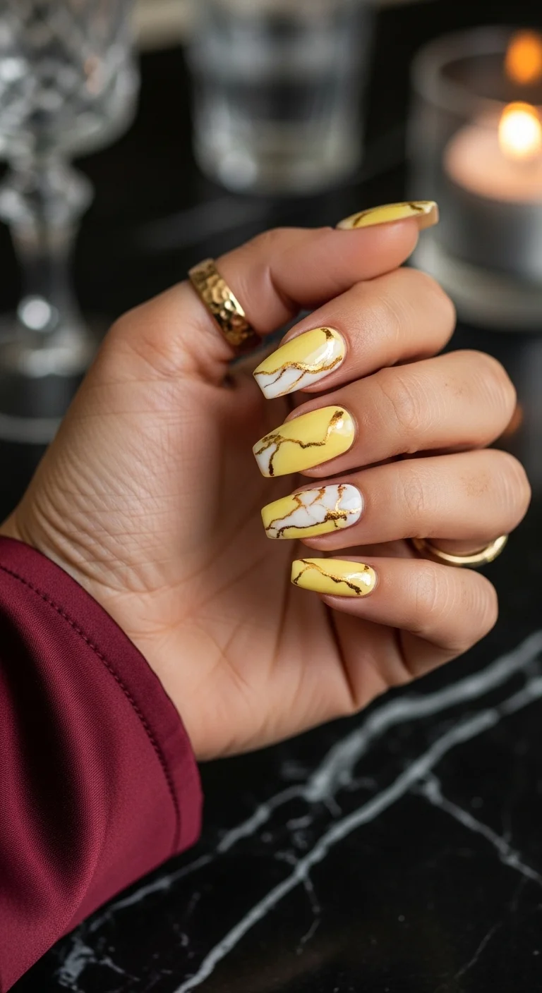 Yellow and white marble with gold foil veins