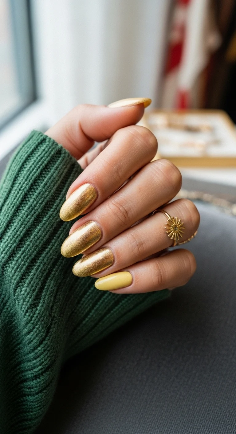 Full gold metallic and yellow almond nails
