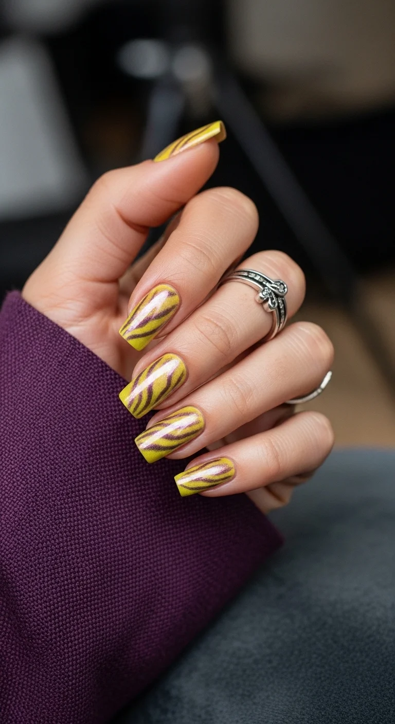 Yellow nails with dark purple wavy zebra stripes
