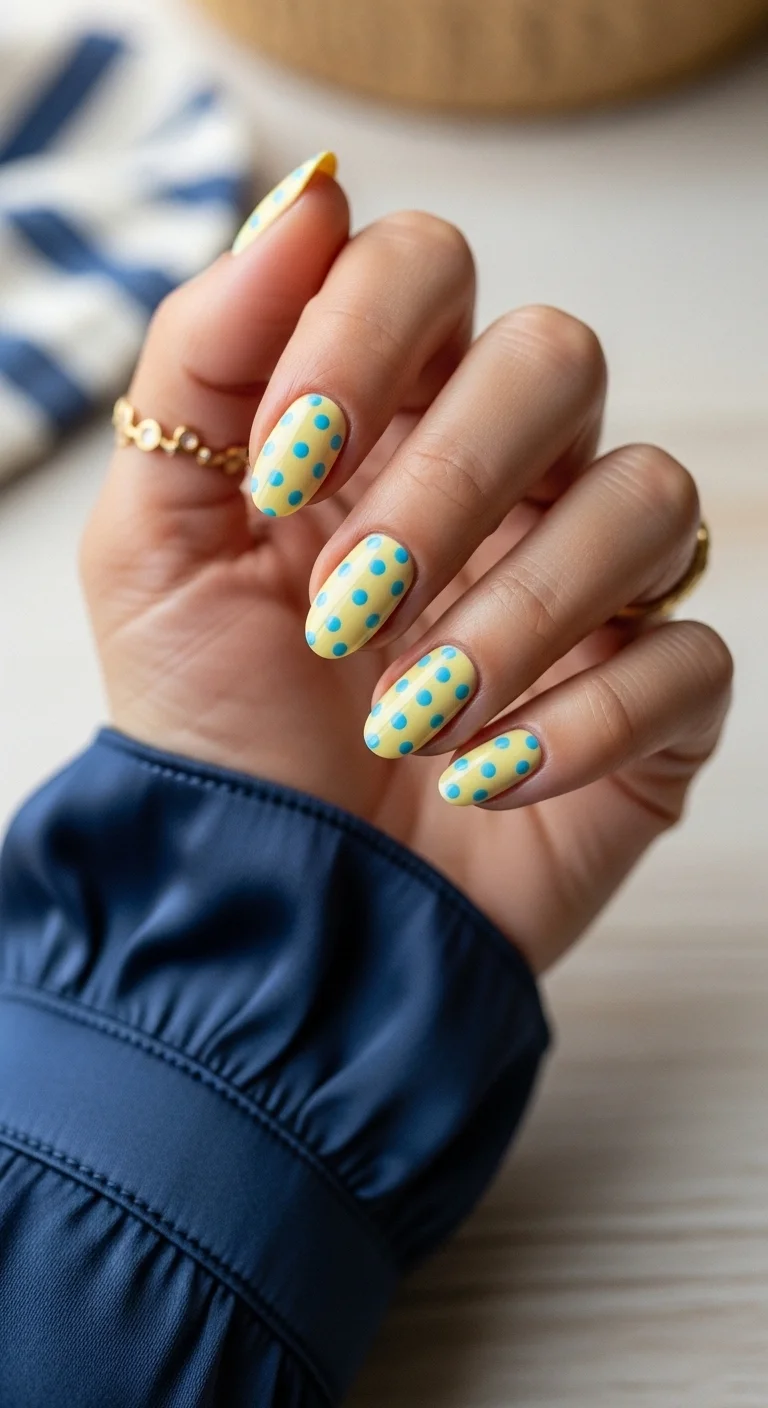 Butter yellow nails with turquoise blue polka dots