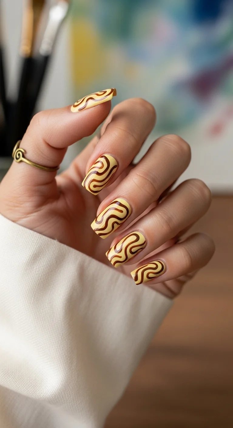 Pale yellow nails with brown 70s swirls