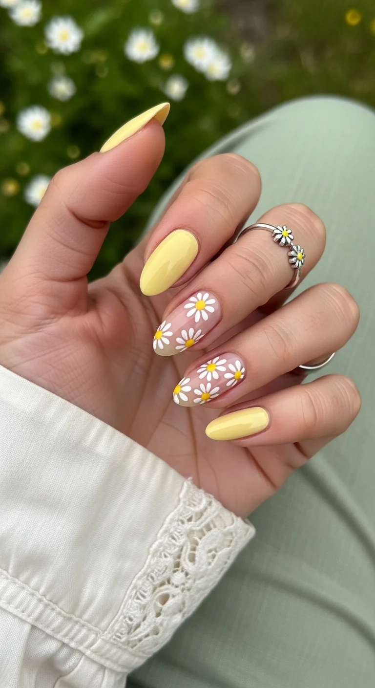 Yellow nails with white daisies on clear accent nails