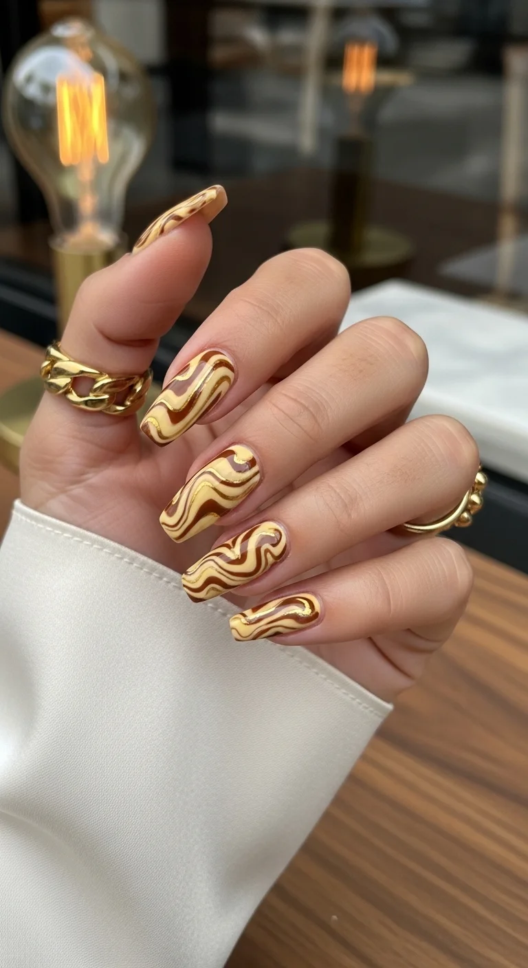 Multi-tone brown and yellow swirls on long nails