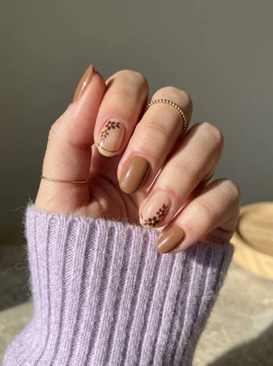 Chocolate Brown Floral French Nails