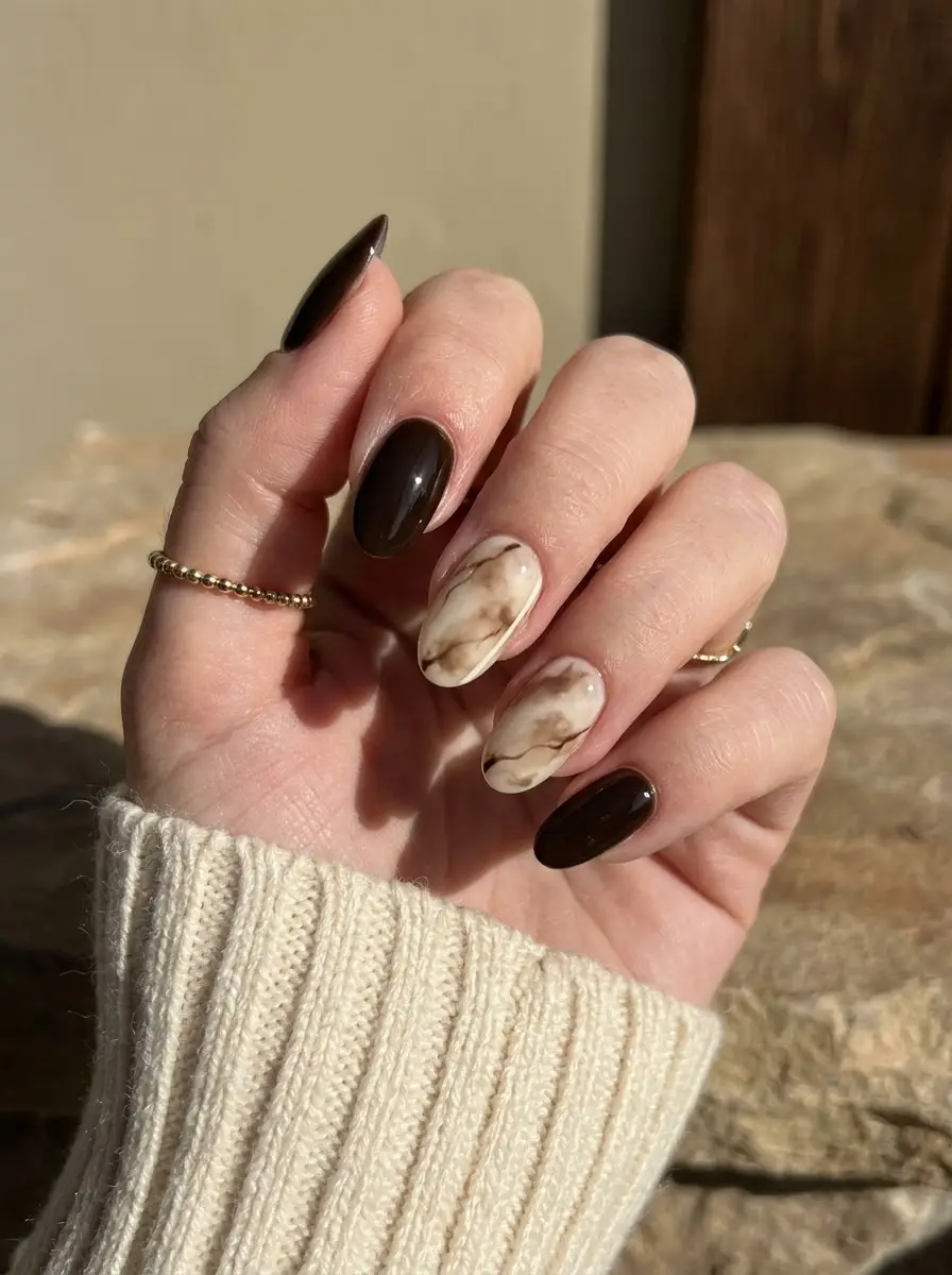 Espresso Marble Accent Nails