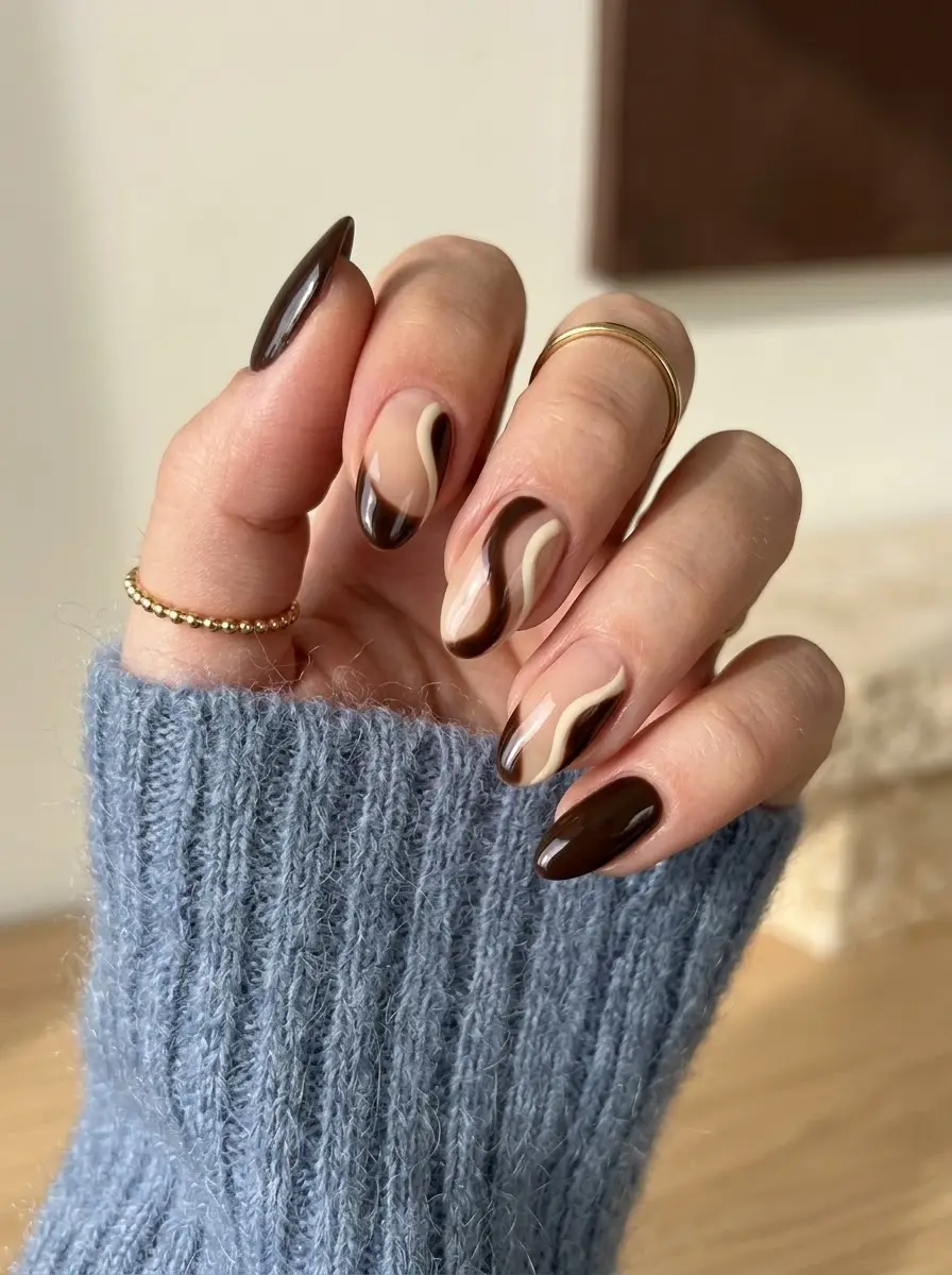 Mocha Cream Swirl Nails