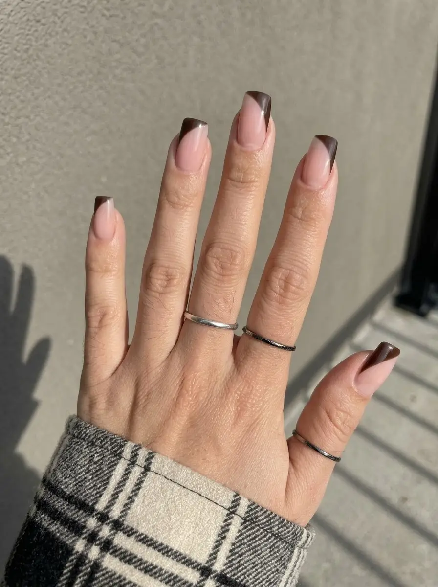 Diagonal Cocoa French Nails