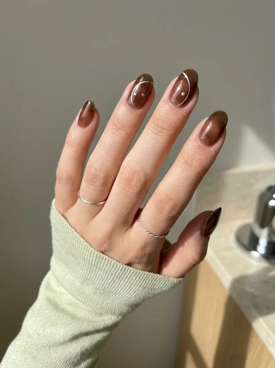 Sheer Cocoa Line Art Nails