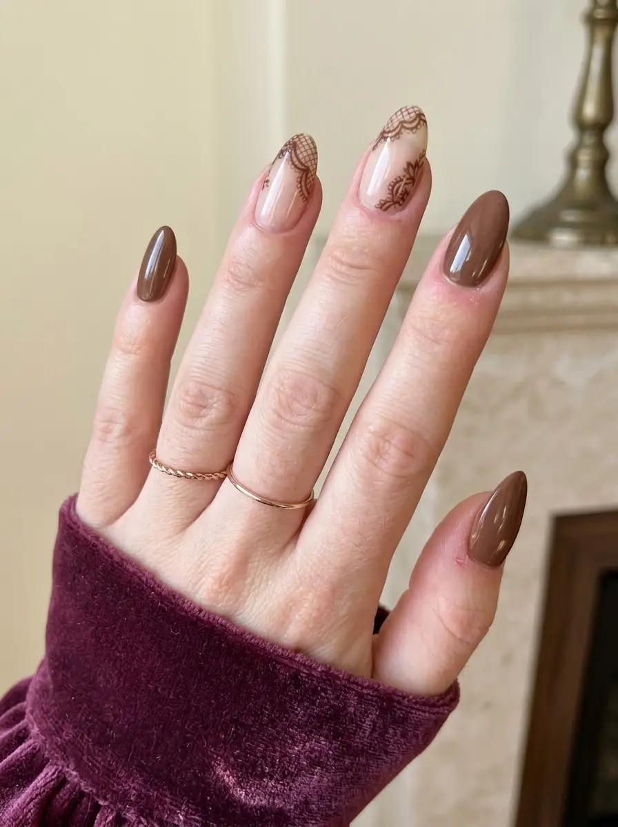 Chocolate Brown Lace Accent Nails