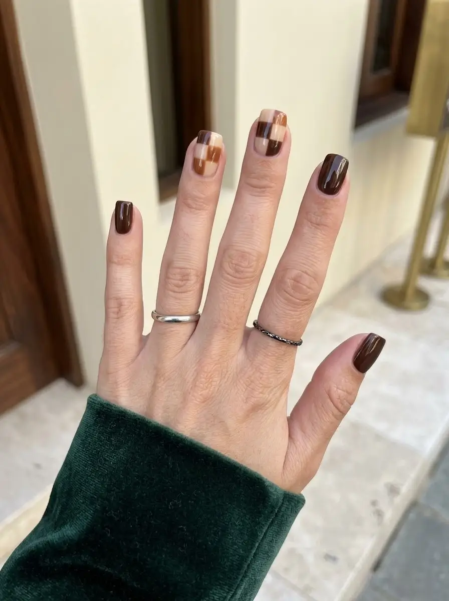 Chocolate Checkered Accent Nails