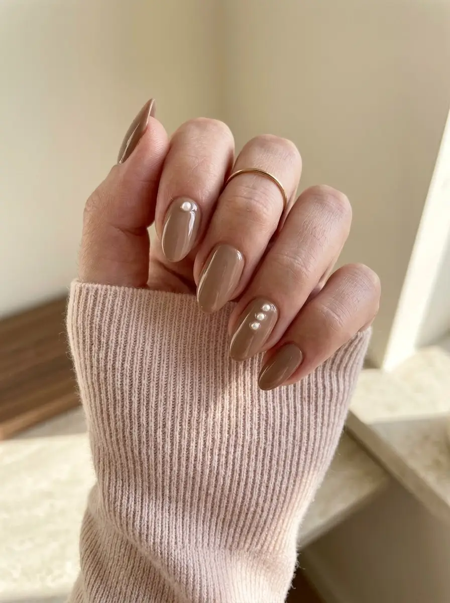 Mocha Nails with Pearl Accents