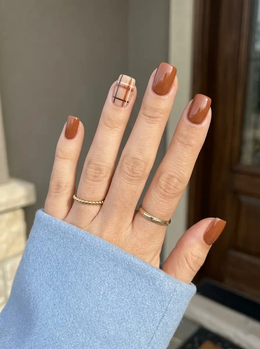 Amber Brown Plaid Nails