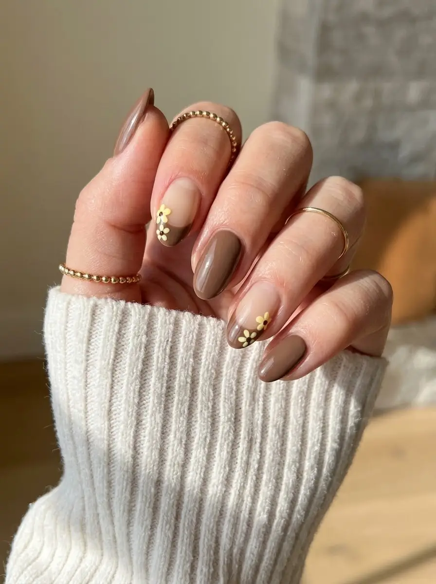Taupe Daisy Accent Nails