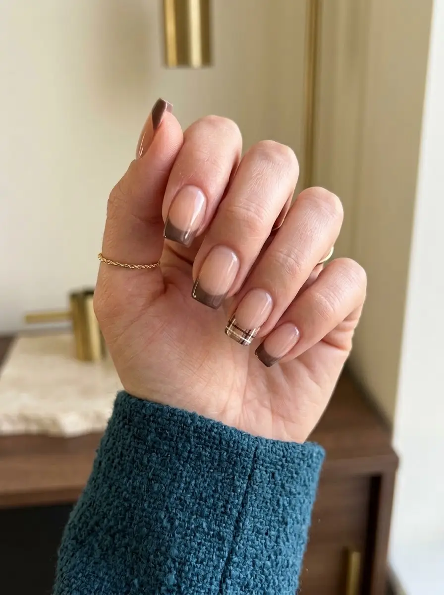 Sheer Cocoa French Plaid Nails