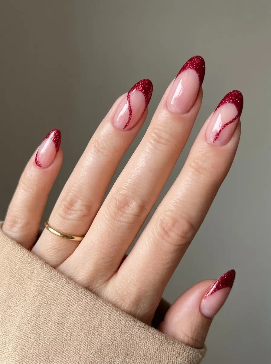 Red Glitter Swirl French Christmas Nails - Sheer nude manicure with sparkling deep-red French tips and glitter swirl accents