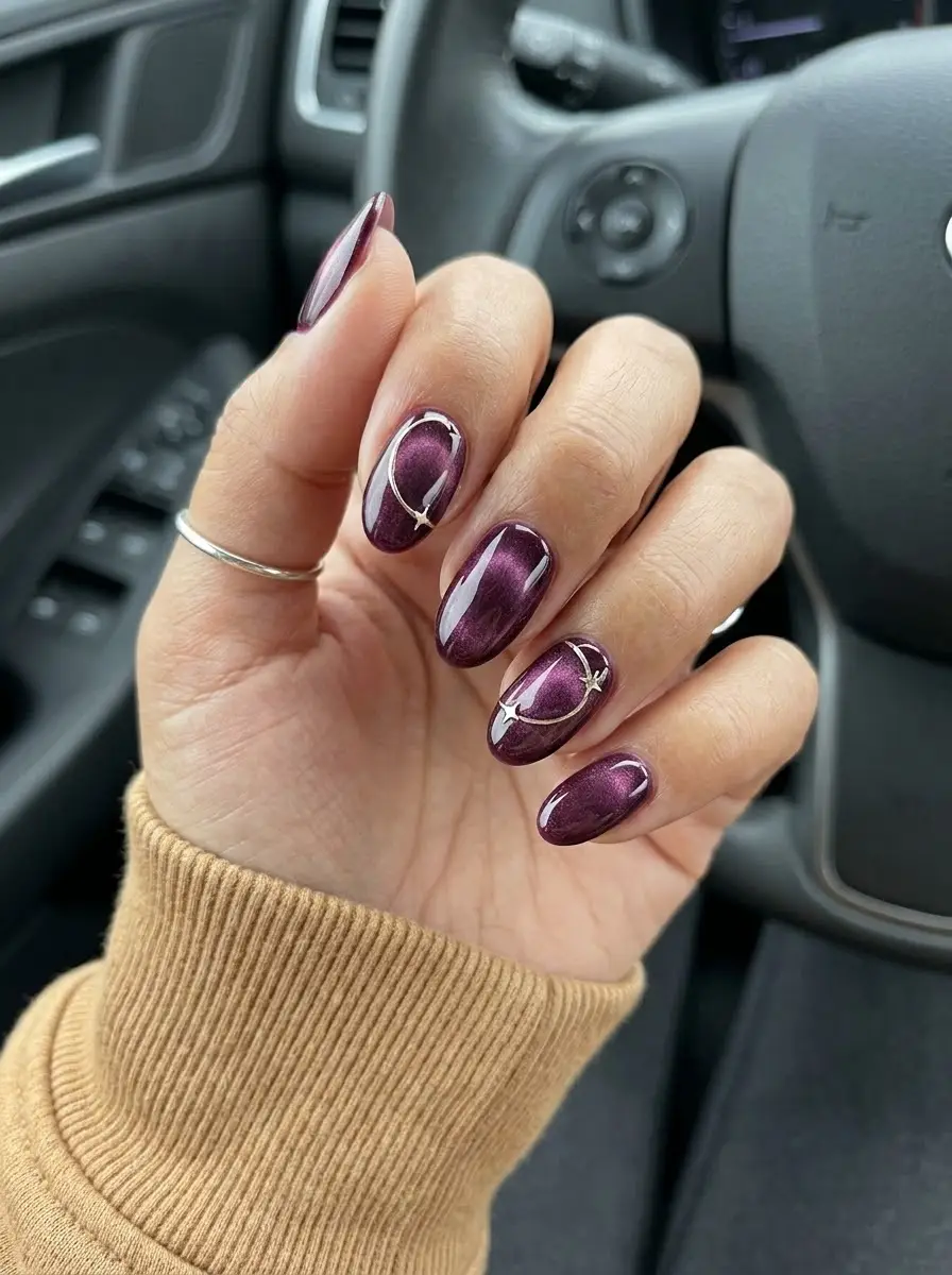 Deep Plum Cat-Eye Celestial Christmas Nails - Magnetic plum cat-eye shimmer with gold celestial stars and moon