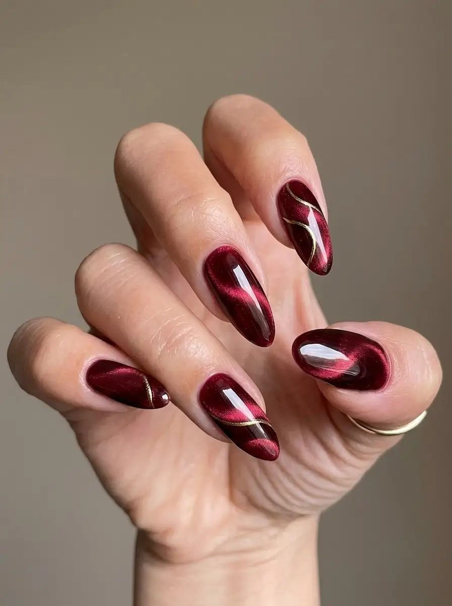 Burgundy Cat-Eye Nails With Fine Gold Swirls - Magnetic ruby burgundy cat-eye polish with gold line swirls