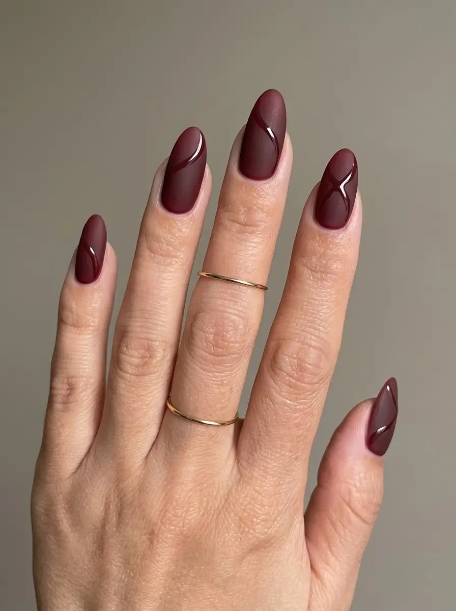 Matte Burgundy Swirl Christmas Nails - Velvety matte burgundy nails with glossy dark red swirl lines