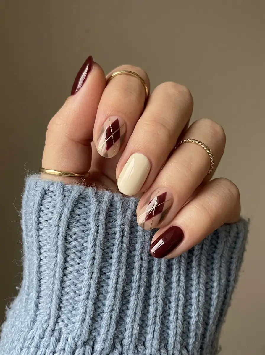 Burgundy Argyle Christmas Nails - Burgundy and cream nails with gold line argyle pattern
