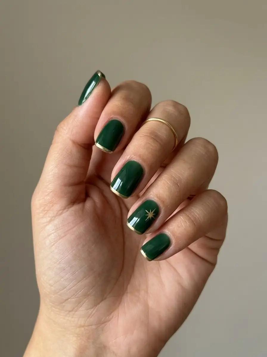 Forest Green and Gold Christmas Nails - Glossy forest green nails with thin gold edge and starburst accent