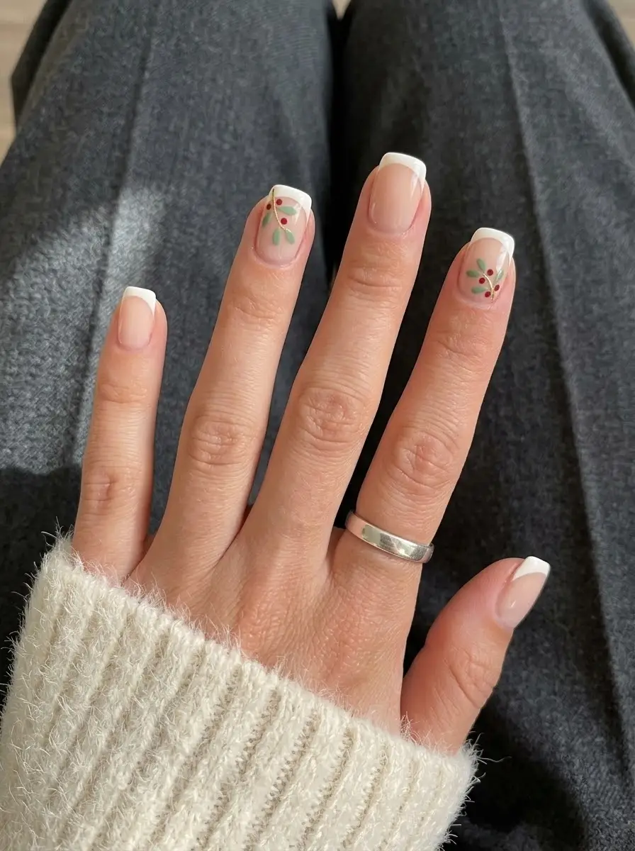 White French Holly Berry Christmas Nails - Sheer nude nails with white French tips and holly berry artwork
