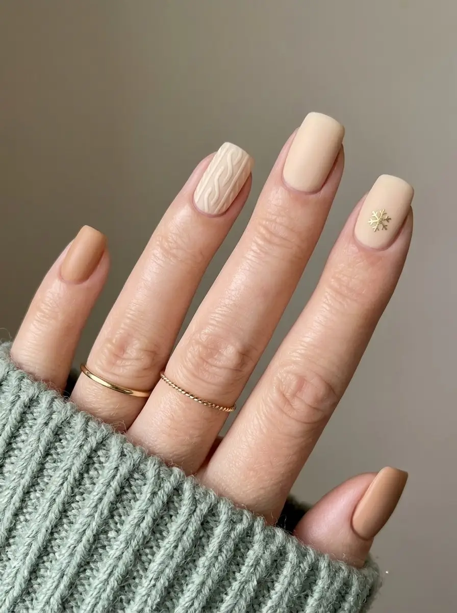 Cozy Beige Cable Knit Christmas Nails - Matte beige nails with 3D cable knit texture and gold snowflake accent