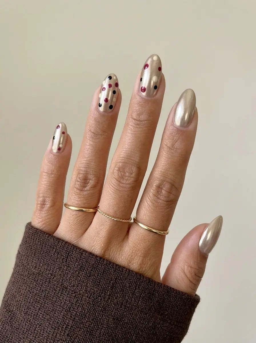 Champagne Metallic Confetti Christmas Nails - Champagne metallic base with red, black, and cream dot accents
