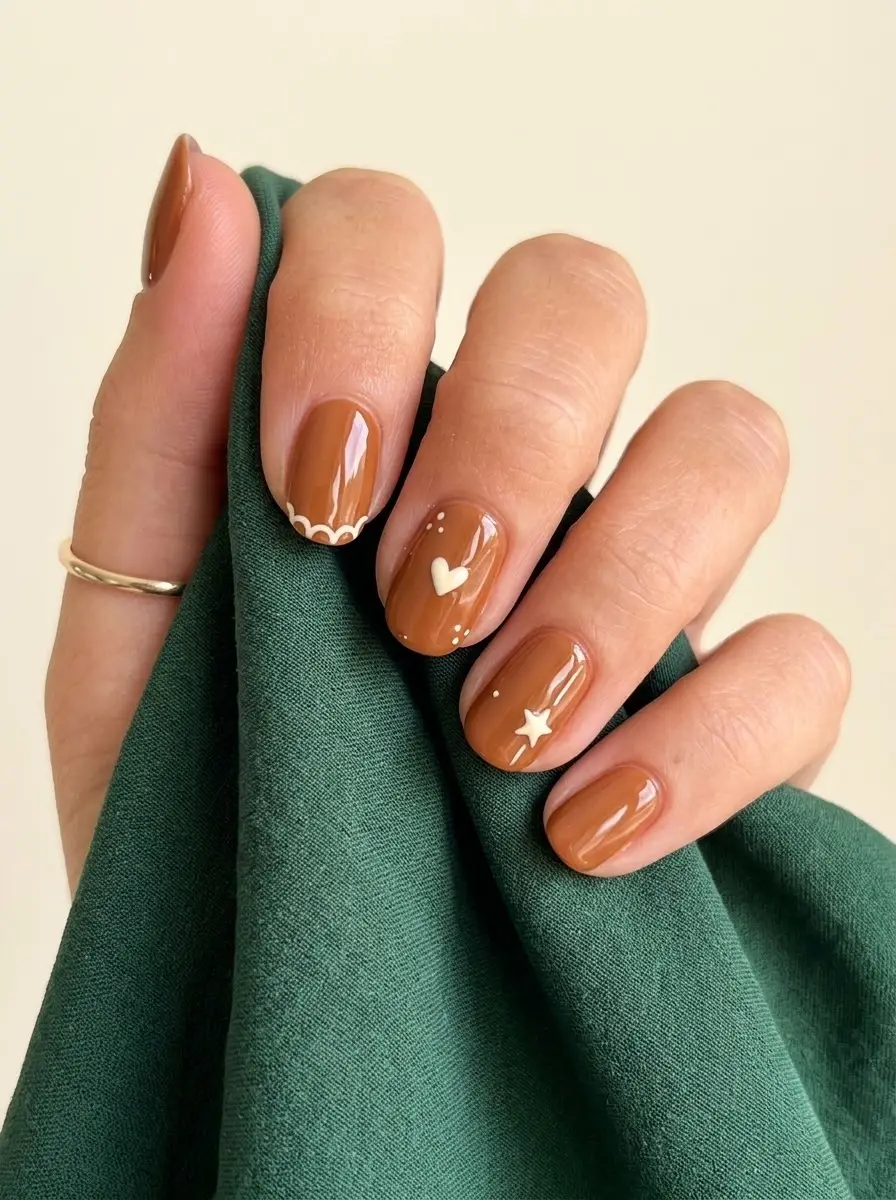 Gingerbread Brown Christmas Nails - Glossy caramel brown nails with white hearts, stars, and scalloped linework