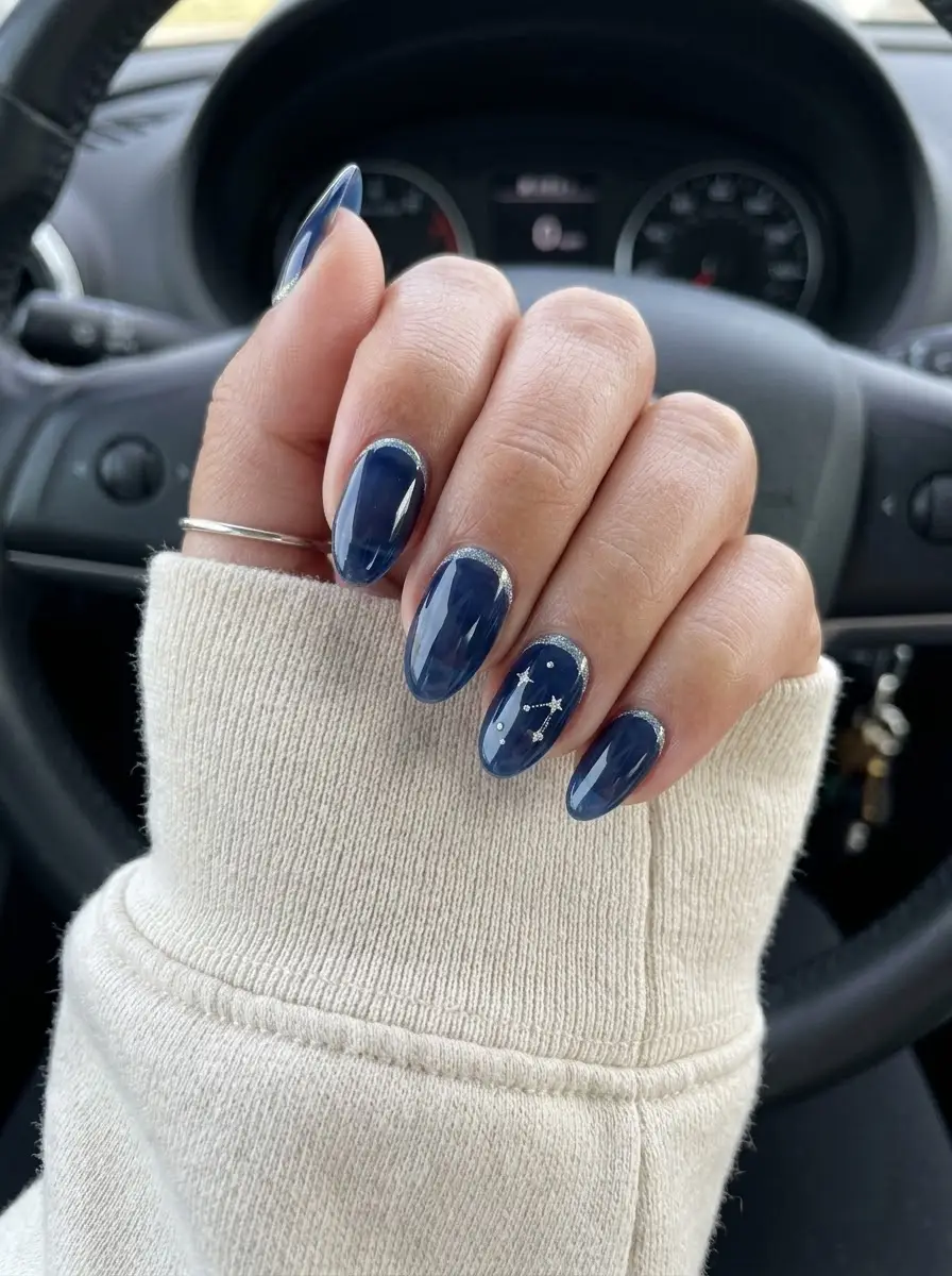Midnight Navy Constellation Christmas Nails - Dark navy glossy nails with silver cuticle outline and constellation accent