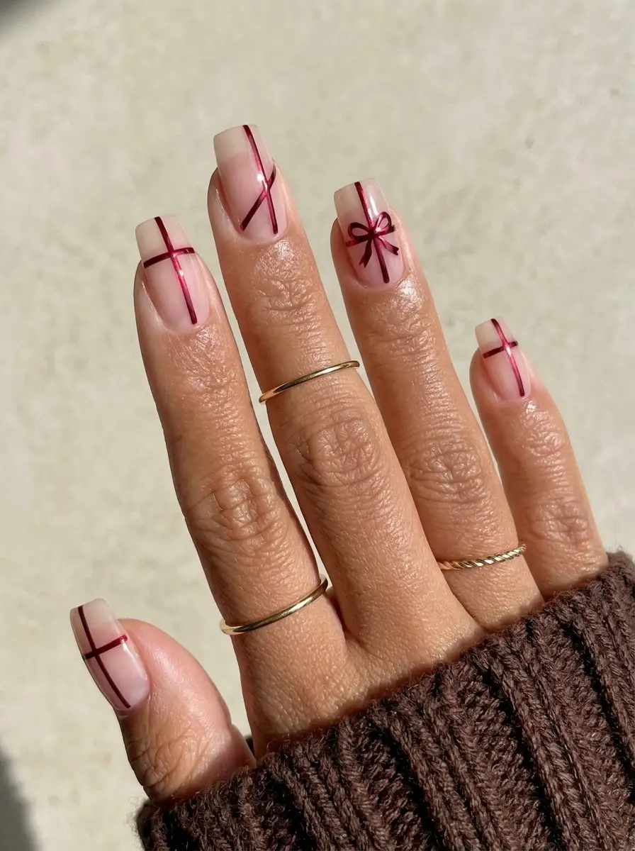 Red Ribbon and Bow Christmas Nails - Translucent nude base with slim burgundy-red lines and red bow accent
