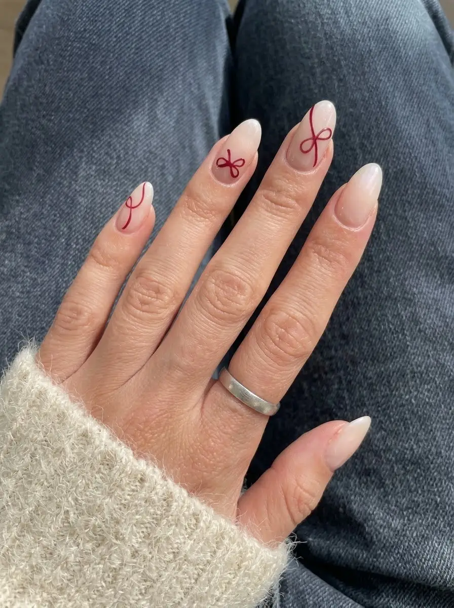 Minimal Red Ribbon Bow Christmas Nails - Sheer nude base with minimal red line ribbon loops and bow motifs