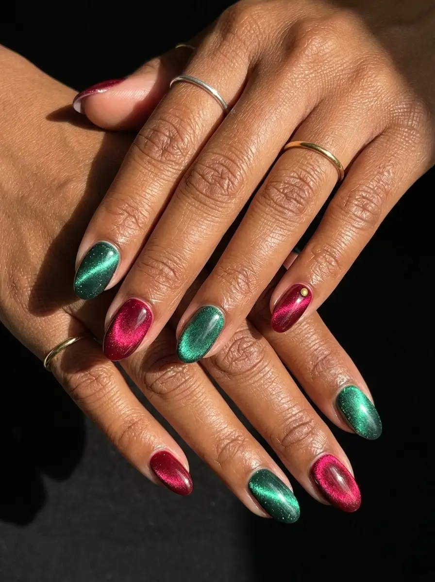 Red and Green Cat-Eye Christmas Nails - Magnetic red and emerald green cat-eye nails with a gold dot accent