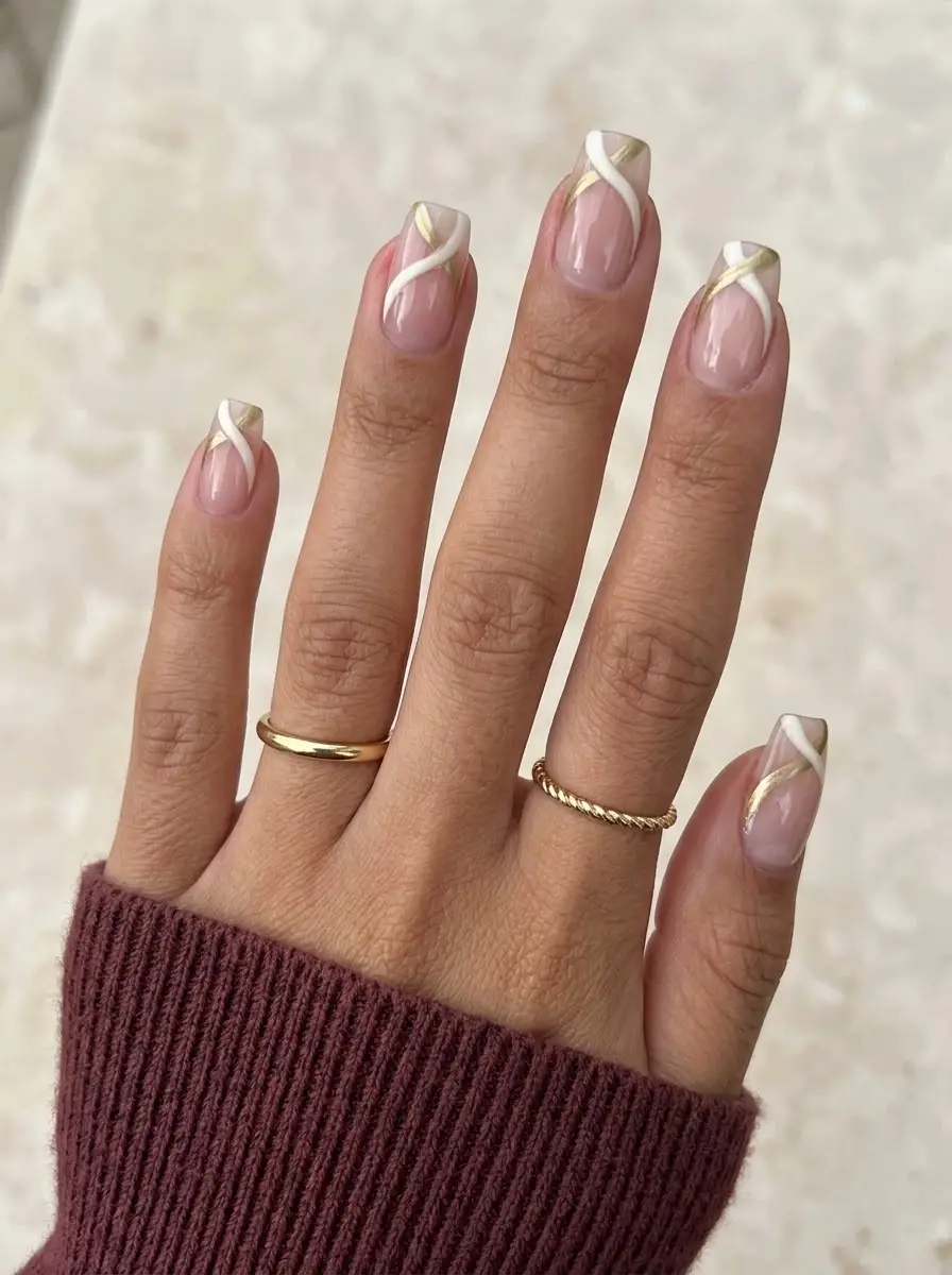 White and Gold Ribbon French Christmas Nails - Sheer nude base with sweeping white and gold swirl lines on tips