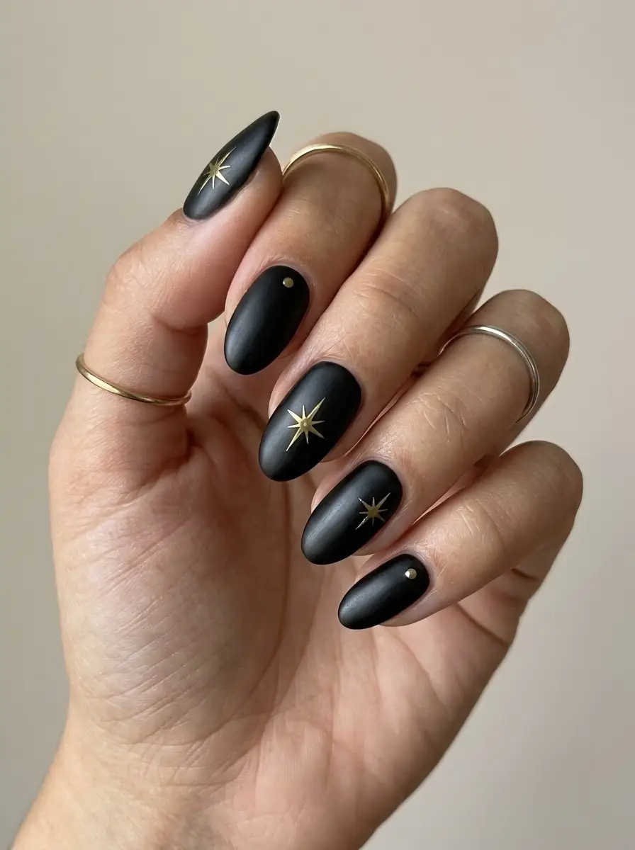 Matte Black and Gold Star Christmas Nails - Velvety matte black nails with gold starbursts and dot accents