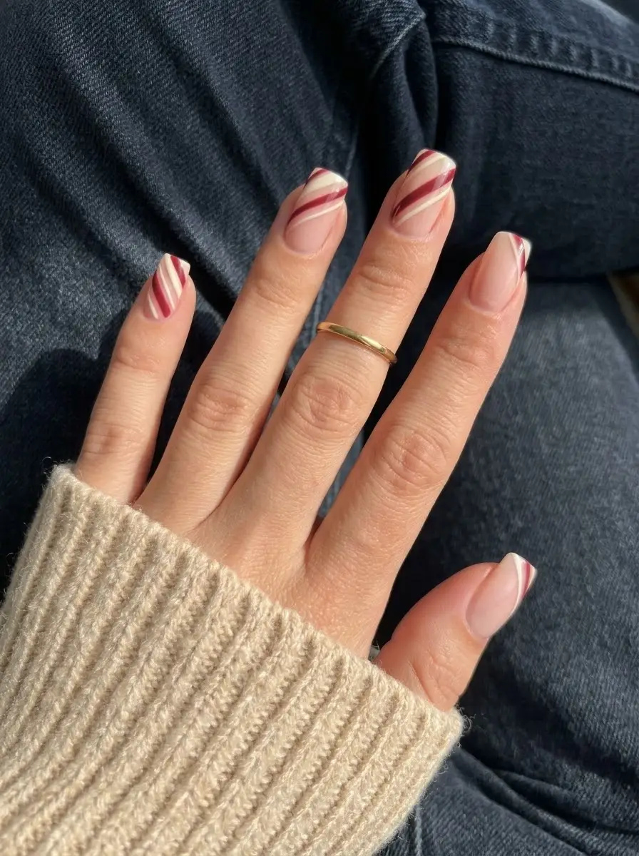 Burgundy Candy Cane Stripe Christmas Nails - Sheer nude base with diagonal burgundy and cream swirl stripes