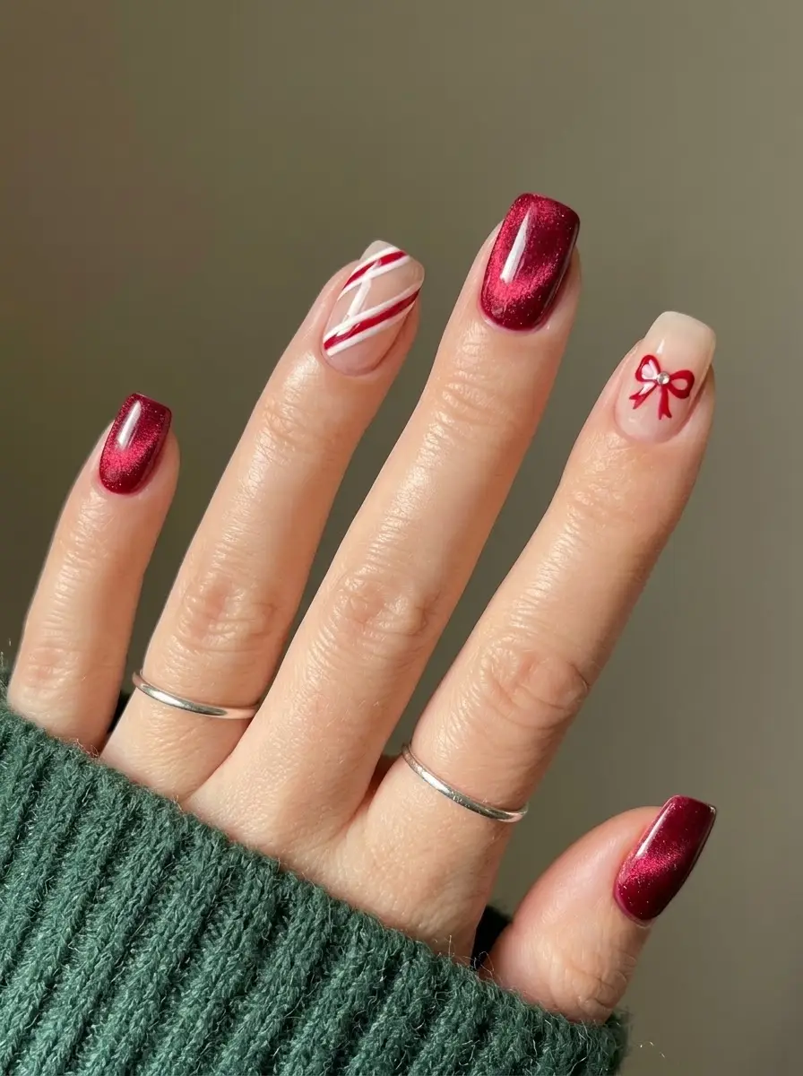 Deep Red Cat-Eye Christmas Nails With Candy Cane Accents - Short square nails with deep red cat eye polish, candy cane stripes, and a red bow accent