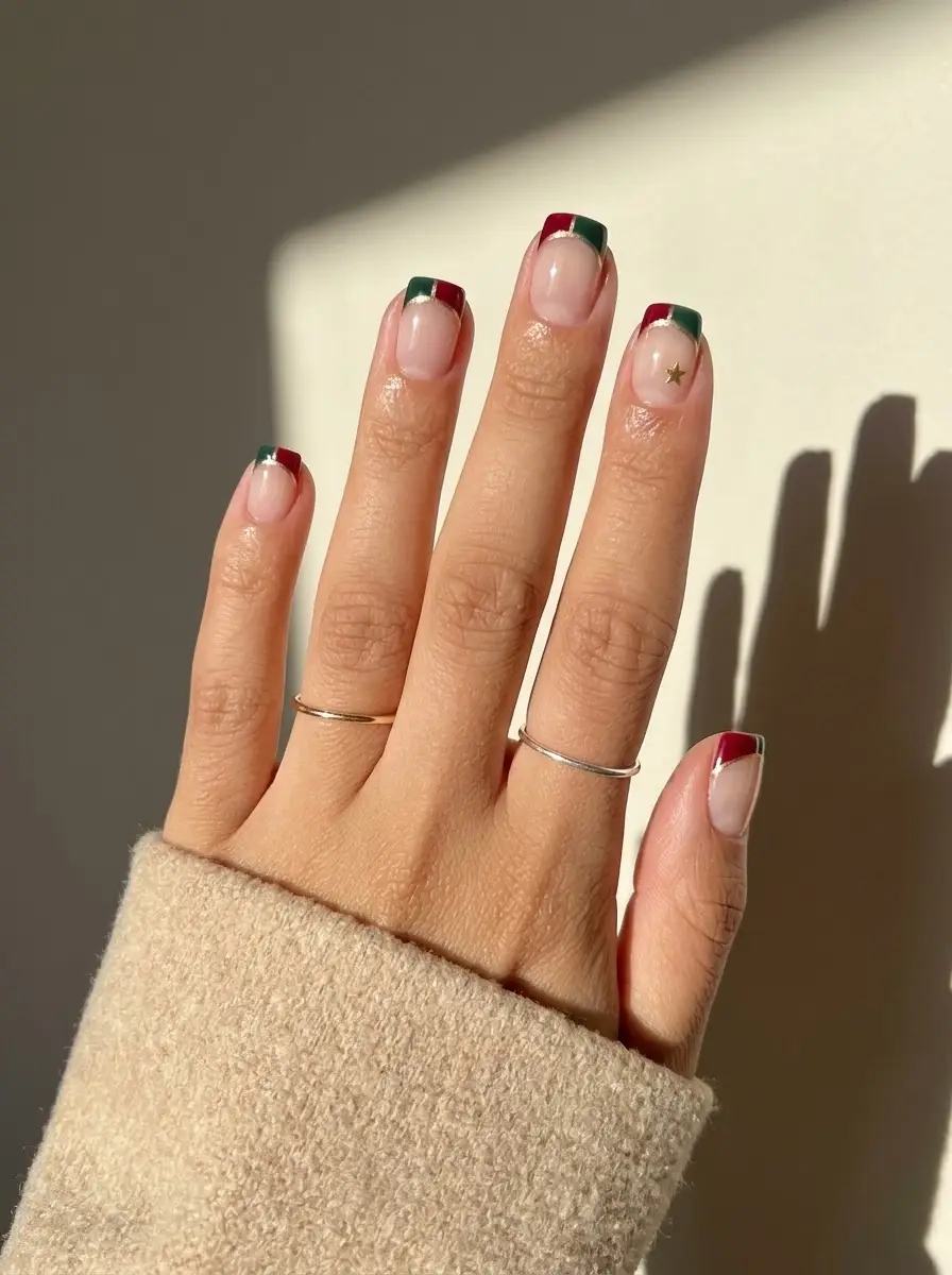 Red and Green Color-Block French Christmas Nails - Translucent nude short square nails with two-tone green and burgundy tips and gold star