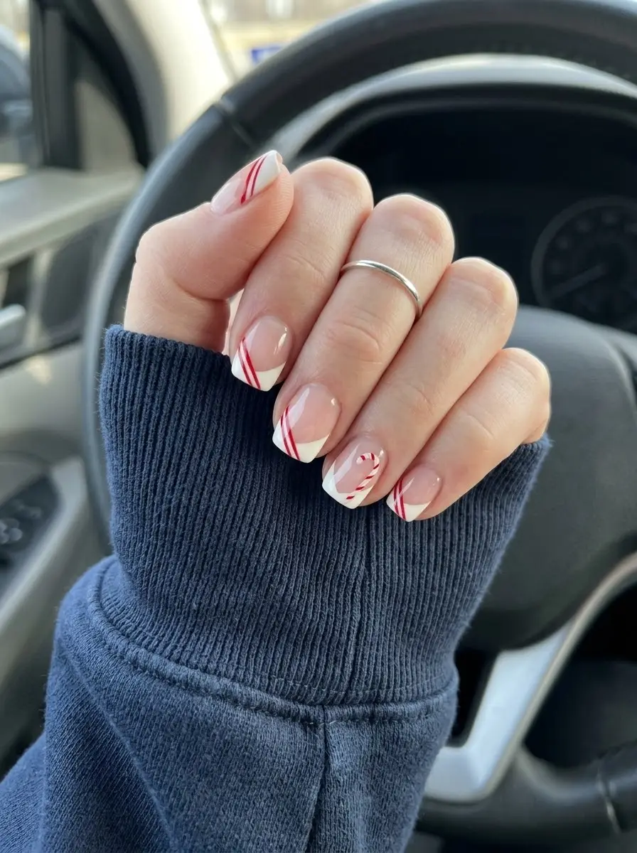 Candy Cane French Short Christmas Nails - Sheer blush short square nails with crisp white French tips and diagonal red candy cane stripes